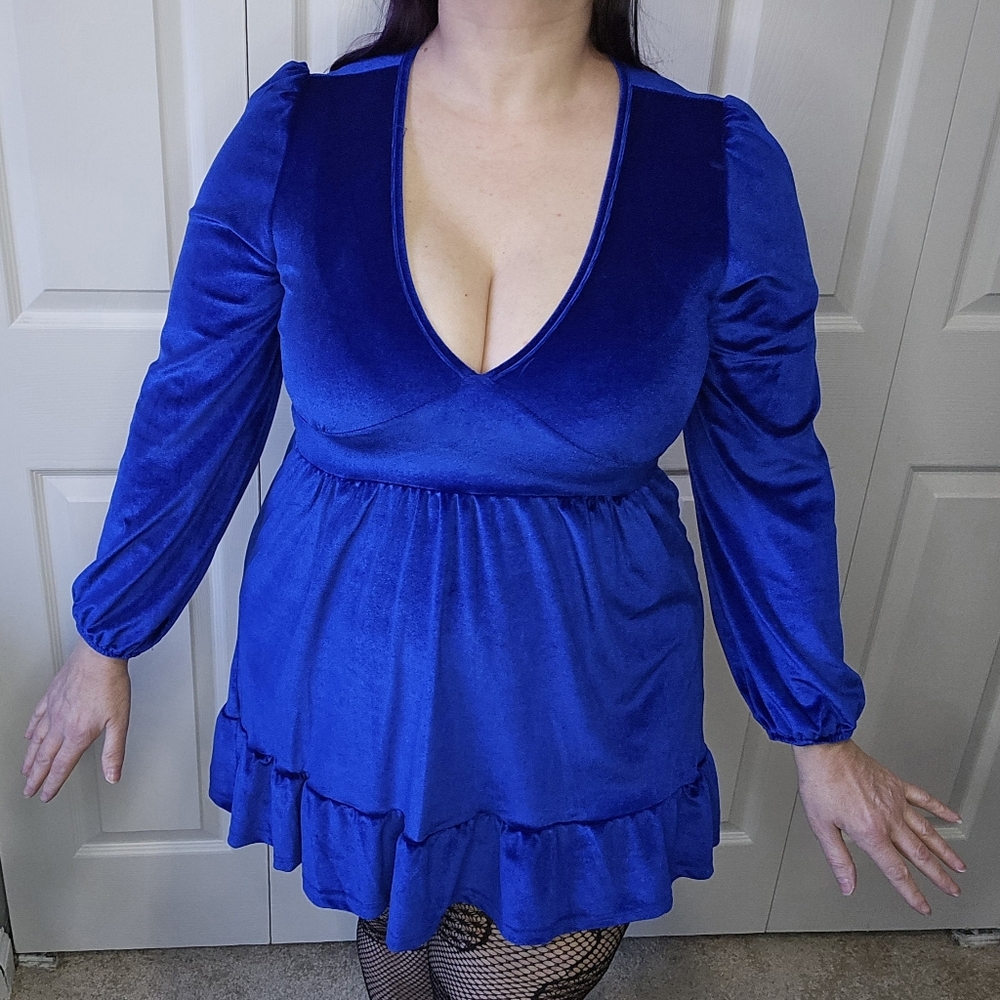 Sapphire Blue Velvet Low Cut Plunge Mini Dress XL